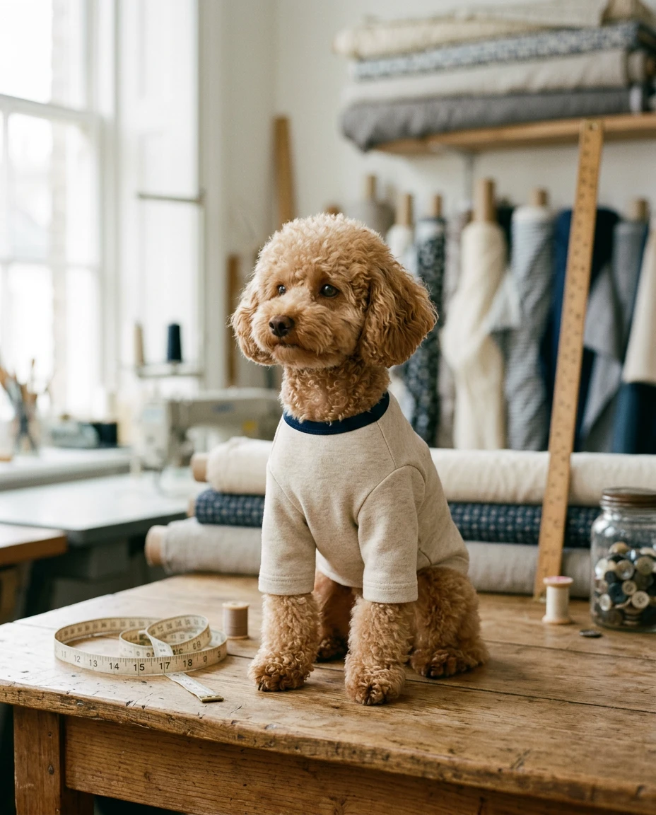 アトリエの作業台で犬服を着ているワンちゃん(イメージ)